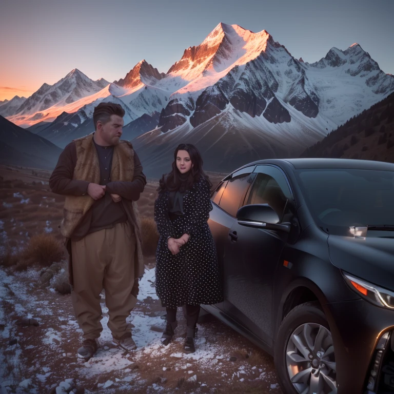 they are standing next to a car on a rocky road, with mountains in the background, with mountains in background, still from a movie, still from the movie, in a scenic background, shot from movie, still from movie, in mountains, still shot from movie, high quality picture, behind the scenes photo, with mountains as background, shot on canon eos r