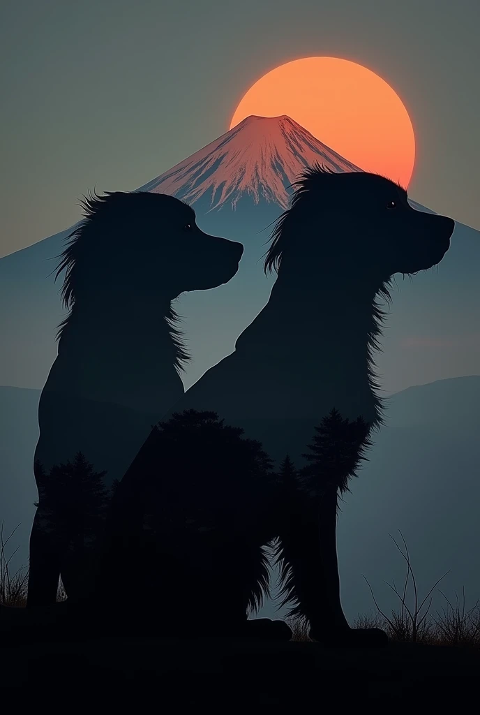 full body side silhouette of 2 Full body side silhouette of Cavalier King Charles Spaniel with double exposure of Fuji san mountain Japan with beautiful theme inside it on black color background