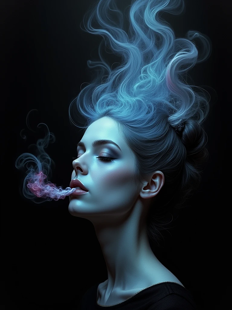 Create a breathtaking, award-winning illustration of a woman's face in a professional, highly detailed style. The image should be in black and white, with the woman's eyes closed. Her hair is styled in a bun, transforming into a cloud of blue and pink light against a black background. Smoke emerges from her mouth, blending into her hair, creating an eerie, unsettling atmosphere. The theme is horror, with a focus on a dark, spooky, and suspenseful mood. The style should be dystopian, bleak, and post-apocalyptic, conveying a somber and dramatic tone.
