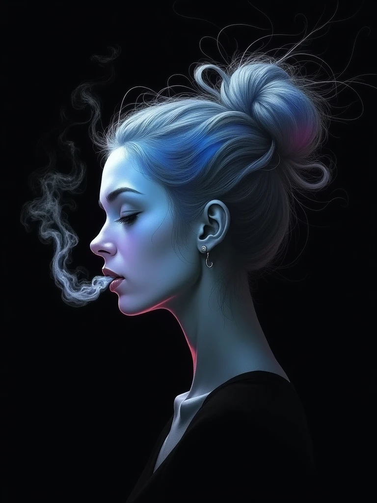Create a breathtaking, award-winning illustration of a woman's face in a professional, highly detailed style. The image should be in black and white, with the woman's eyes closed. Her hair is styled in a bun, transforming into a cloud of blue and pink light against a black background. Smoke emerges from her mouth, blending into her hair, creating an eerie, unsettling atmosphere. The theme is horror, with a focus on a dark, spooky, and suspenseful mood. The style should be dystopian, bleak, and post-apocalyptic, conveying a somber and dramatic tone.