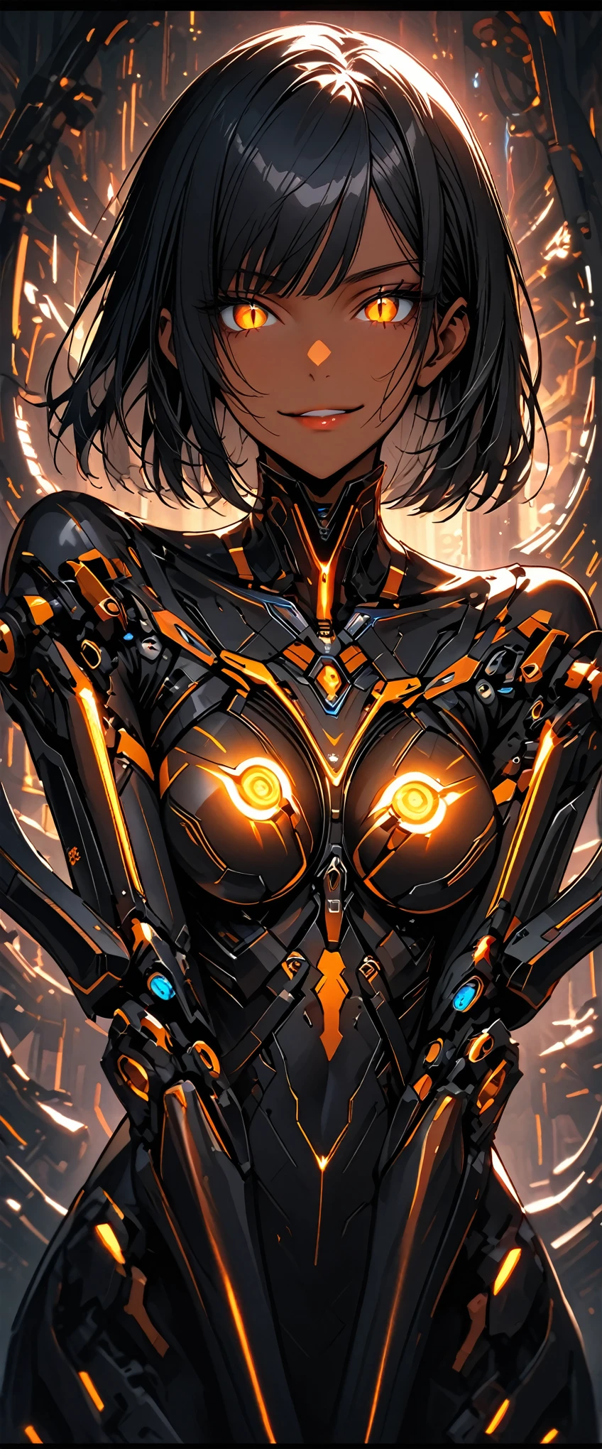 solo, female, close up, Black hair, sleek and straight hair, chin-length bob cut, slightly tousled bangs framing her face, hair infused with metallic threads, shimmering hair, slit pupils, amber-gold iris, augmented eyes, Smooth skin, tan, faint silvery veins visible just beneath the surface of her skin, skin illuminated from within, Lean, athletic, long limbs, multiple arachnid mechanical limbs, confident stance, small glowing nodes scattered across her body, cybernetic enhancements, medium shot, pinup pose, workshop, dark, futuristic, smirk