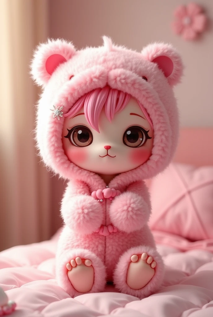 A tiny female character like a pink teddy bear wearing pink pajamas and pink hair
