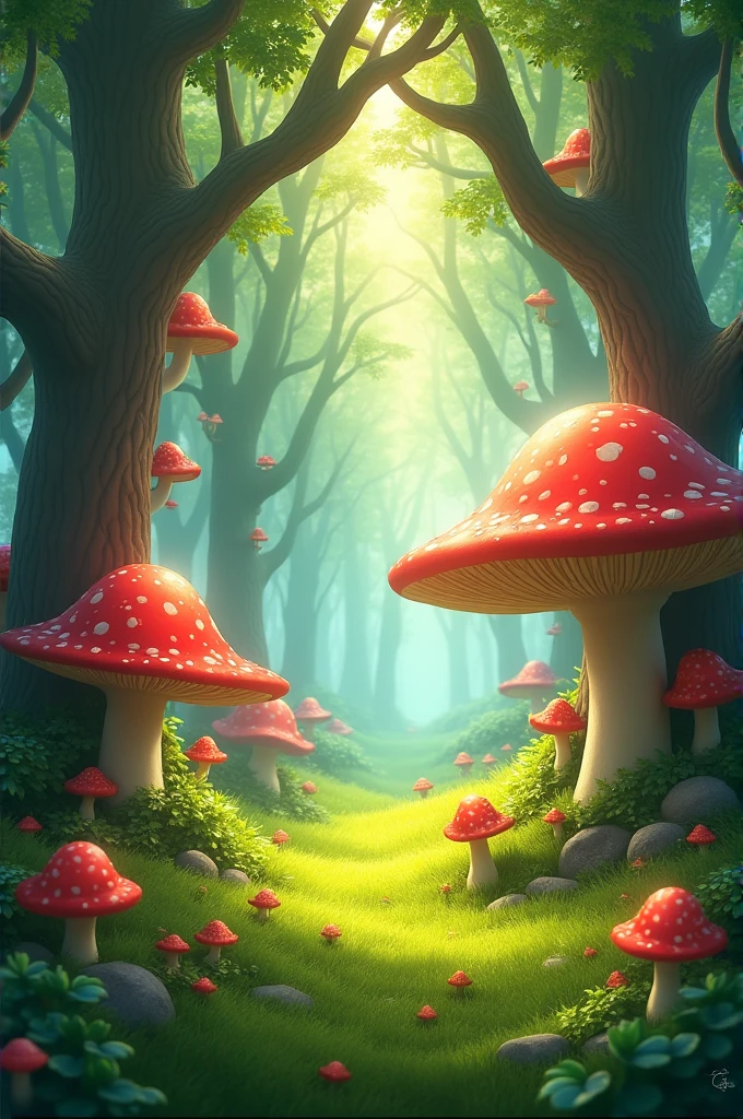 Create a scene with large trees, green grass, and large red animated mushrooms.