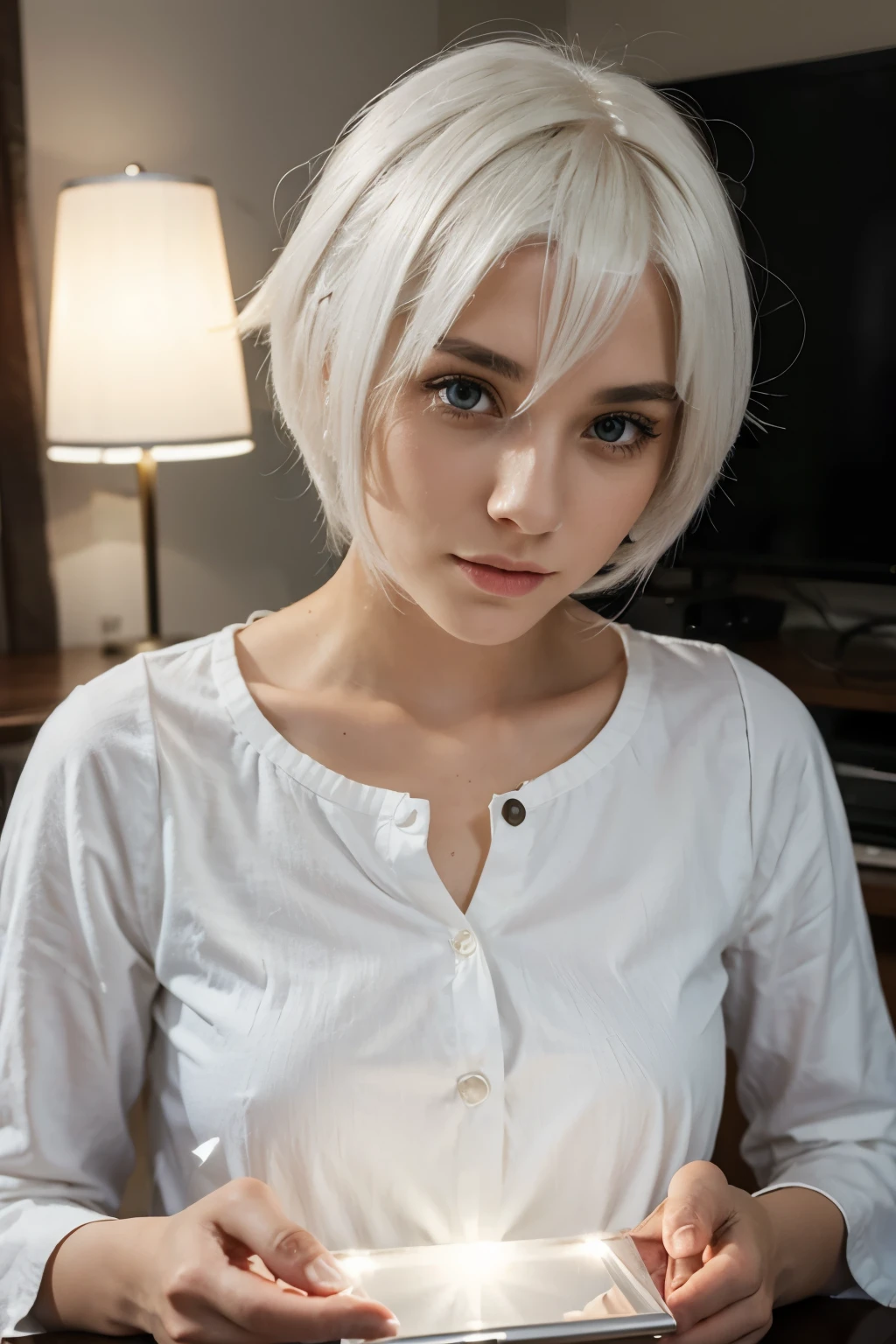 A light table in the shape of a female human with clothing and white hair 