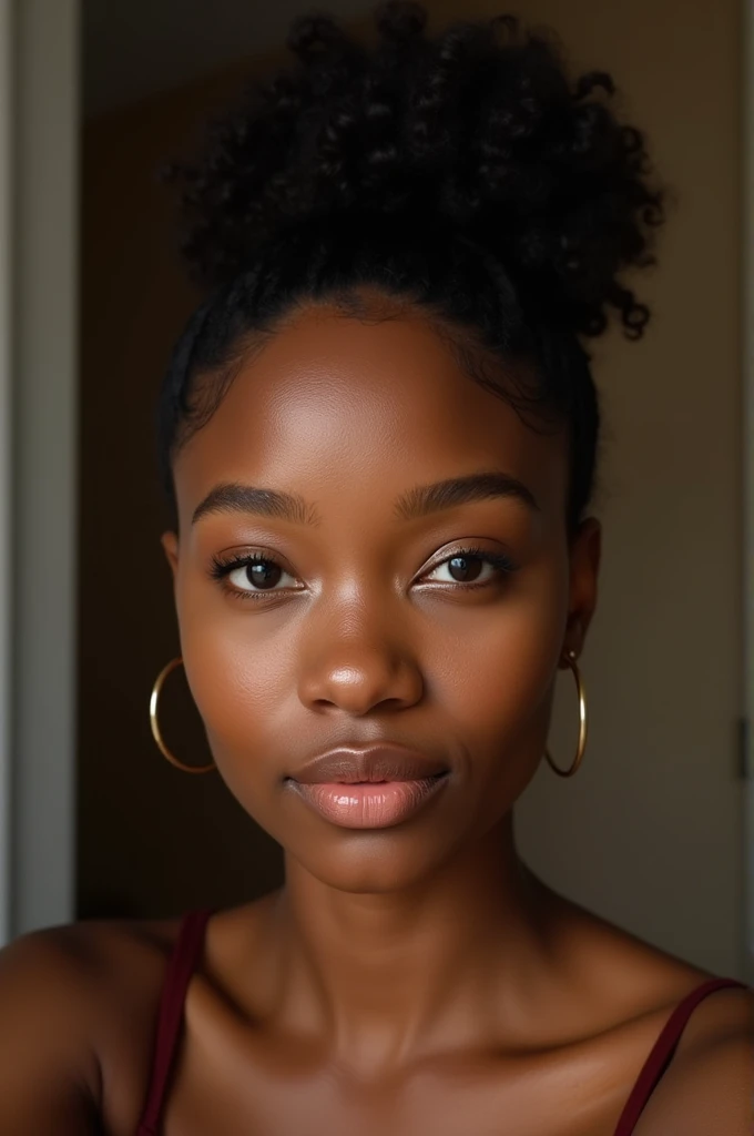 ((Extremely realistic)) there is a black woman , the woman has her curly moist hair slicked back in to a bun and her hairs are styled, she has brown skin, with brownish skin, with she is taking a long shot selfie