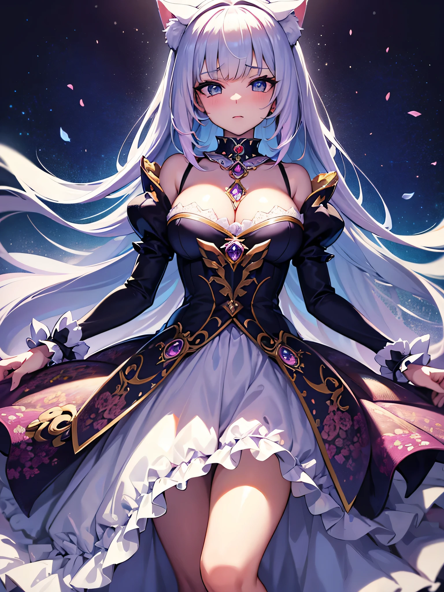 masterpiece, 8k, sharp focus, high resolution, princess, beautiful girl, fantasy princess dress, y multi-layered tiered ballgown, magical girl, collar, sharp focus, intricately detailed dress design, colorful, whimsical, fantasy, magical, cat ears, sexy