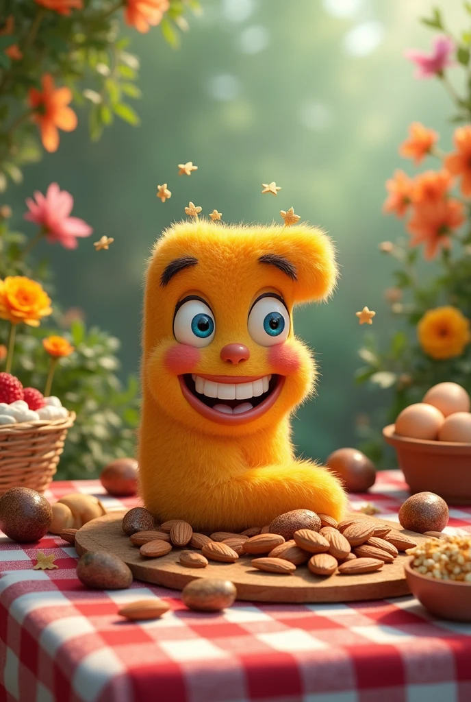 The letter E, Grinning, glad, eating nuts, chestnuts, almonds, on top of a red and white checkered tablecloth, in a garden with flowers, next to it there is a basket of eggs, a bowl of yogurt with fruit and granola, the blue sky