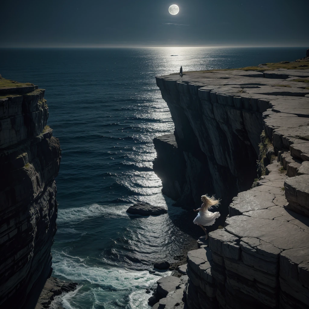 A blonde woman with long, flowing hair wearing a white dress is captured in mid-air as she jumps off a cliff at night. The scene is dramatic and illuminated by the full moon, which shines brightly in the dark, starry sky. Her dress billows around her, and the ocean waves crash against the rocks below. The cliff is rugged and steep, with a mix of jagged rocks and sparse vegetation. The overall mood is one of mystery and beauty, with the moonlight casting a silver glow on the entire scene.