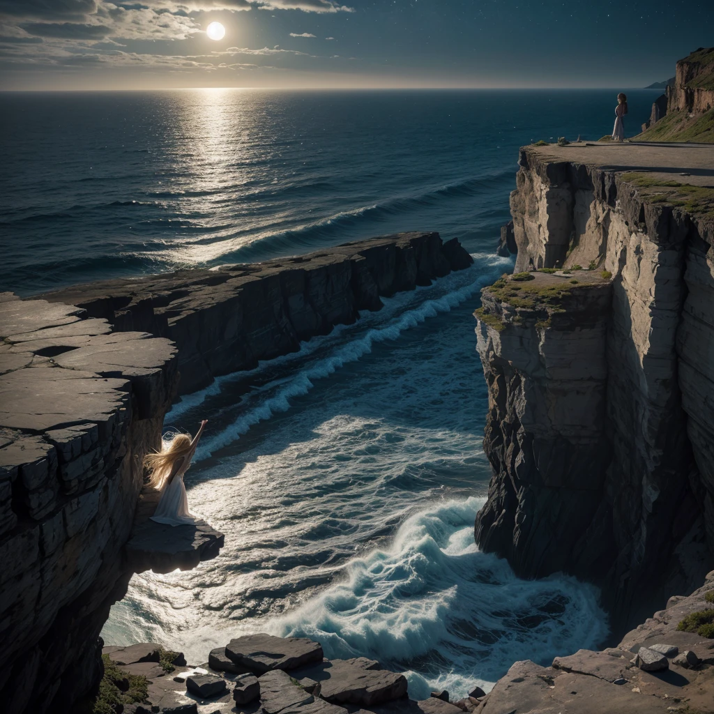 A blonde woman with long, flowing hair wearing a white dress is captured in mid-air as she jumps off a cliff at night. The scene is dramatic and illuminated by the full moon, which shines brightly in the dark, starry sky. Her dress billows around her, and the ocean waves crash against the rocks below. The cliff is rugged and steep, with a mix of jagged rocks and sparse vegetation. The overall mood is one of mystery and beauty, with the moonlight casting a silver glow on the entire scene.