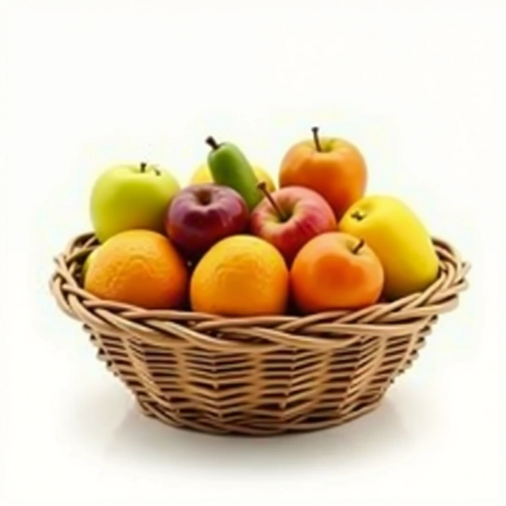 Assorted fruits in a basket, masterpiece,top-quality,professional photograpy,detail portrayal,8K,the background is white
