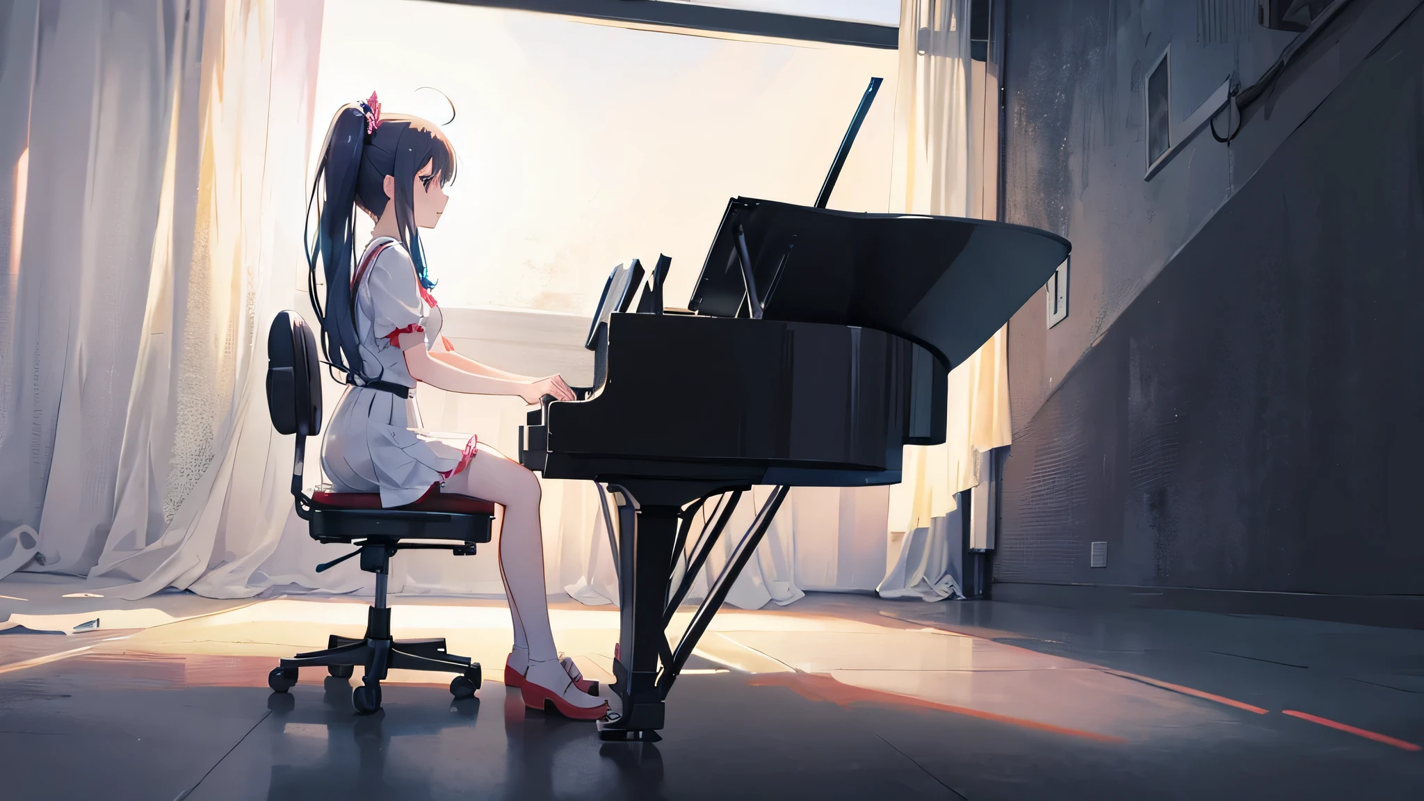 Anime girl, playing the piano sitting on a chair, profile view, full body image design