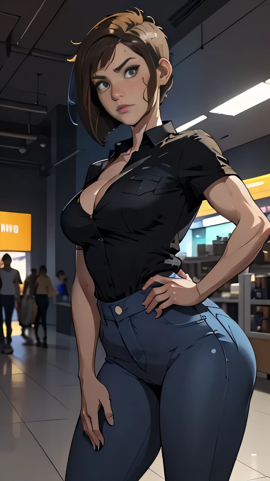 photo of mlp Meowko, RAW, beautiful woman, ((portrait)), ((detailed face:1.2)), ((anime face, anime facial feature, clear skin, glossy anime lips, clear skin), (short messy lesbian haircut, brunette: 1.55), (perfect proportioned body, Strong, muscular, narrow waist, narrow hips, skinny, large breasts), (she is wearing a black military short sleeve shirt, Cleavage, black shirt, skinny jeans, sneakers ,Samsung Sam), in a shopping mall, Polish floors, computer store, (realistic photo, best quality, detailed), (8k wallpaper), (bright cinematic lighting, lens flares, beautiful light, (noon:1.3)) (sharp focus, intricate)
