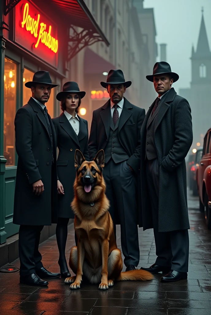 create an image which include a german shepherd dog and 3 male character 2 female character, standing near dockside pub, the scene should peaky blinders