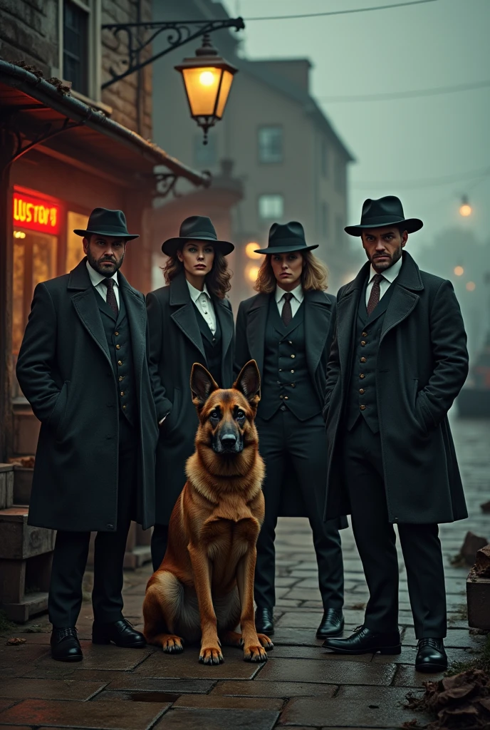 create an image which include a german shepherd dog and 3 male character 2 female character, standing near dockside pub, the scene should peaky blinders