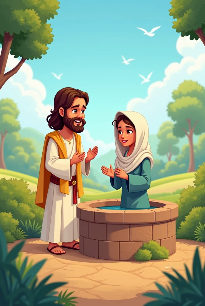 Biblical passage where Jesus talks to the Samaritan woman at a well, cute cartoon drawing NPG