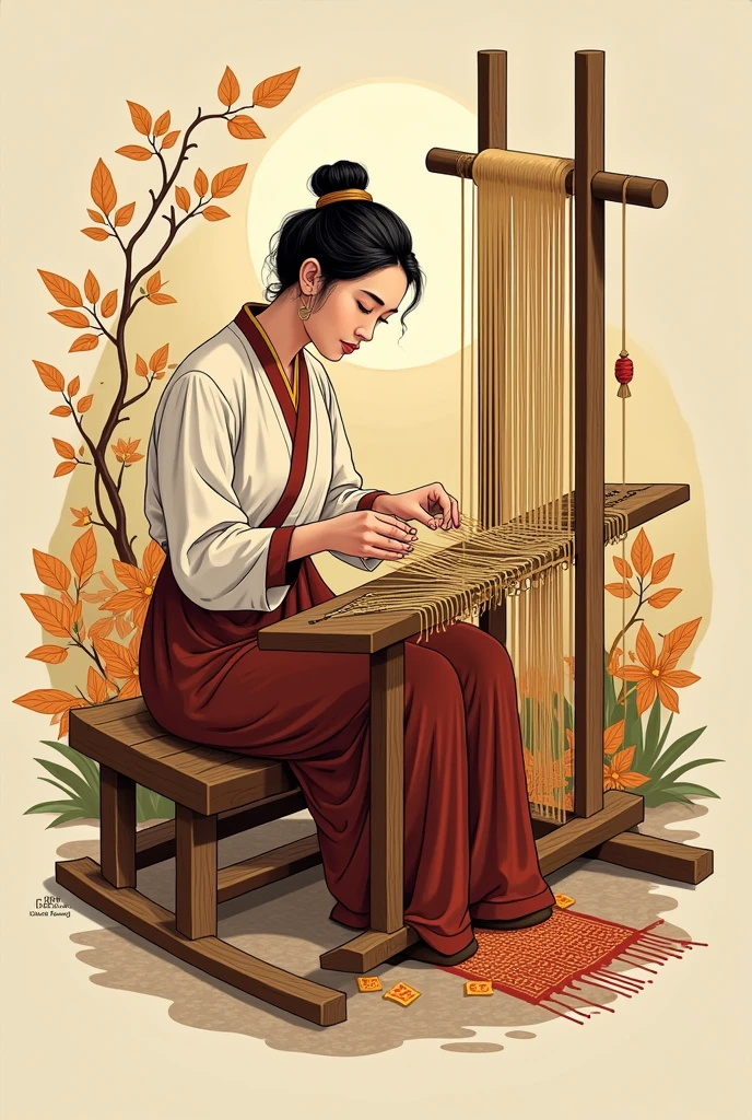 Design a logo for the Hong Huk Local Weaving Group in gold and brown tones, with a picture of a woman sitting on a loom weaving. 