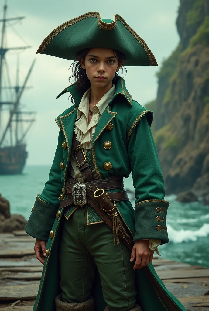 Make me a young pirate, whose main color is light green, and secondary white. This pirate should look evil
