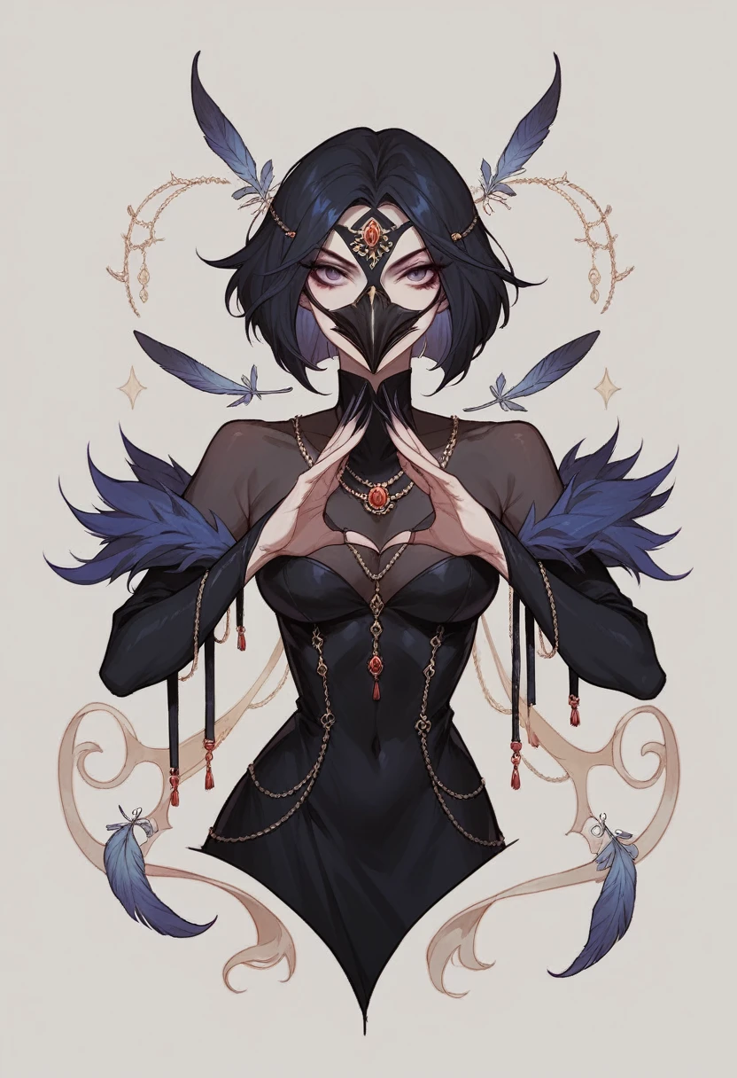 1girl, adult, black costume, feathers, gray details, raven details, long nails, black hair, raven beak mask, simple background, solo, very aesthetic, illustration, perfect composition, intricate details, mysterious, fantasy,