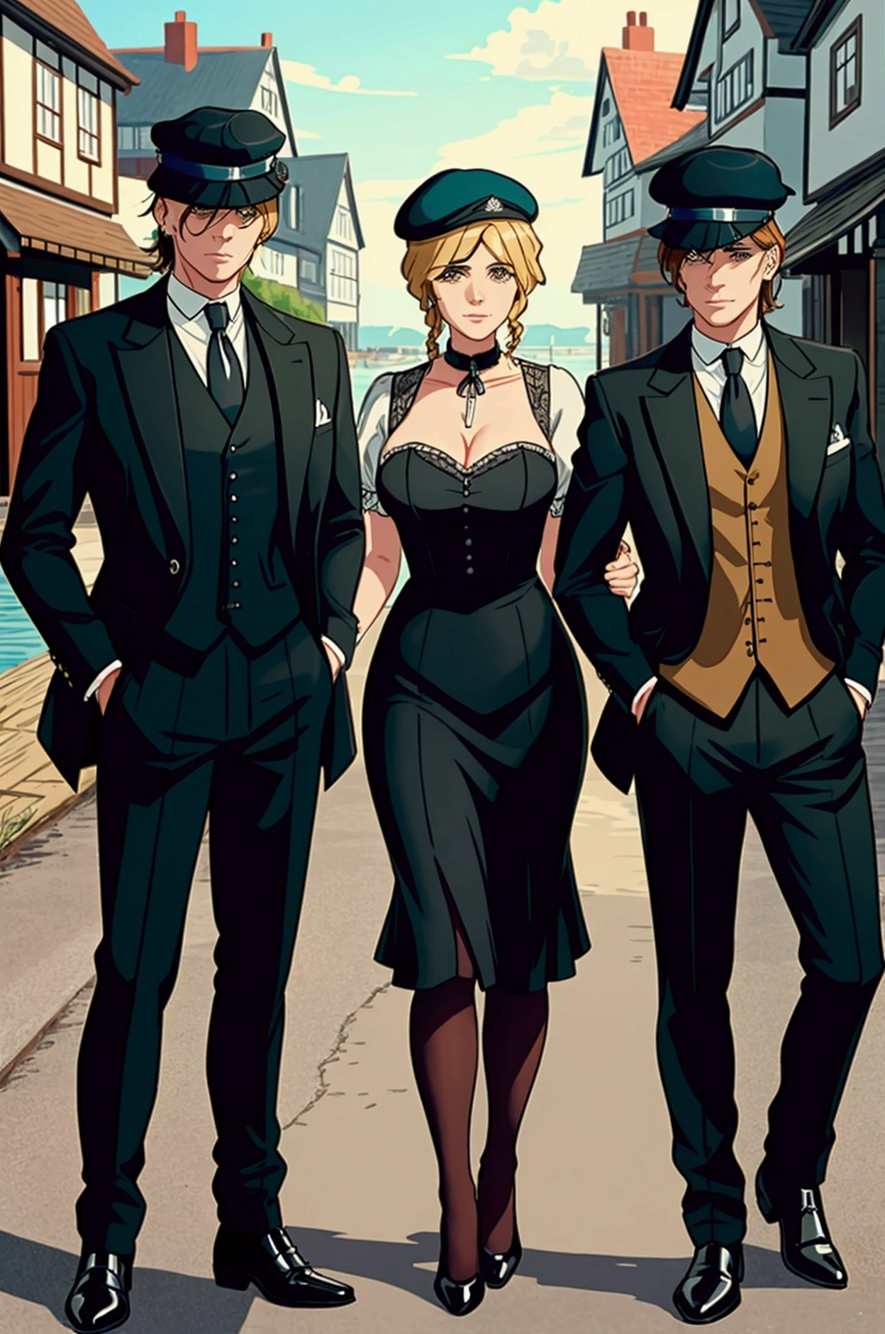 create an image which include  a german shepherd dog and 3 male character 2 female character, standing near dockside pub, the scene should peaky blinders