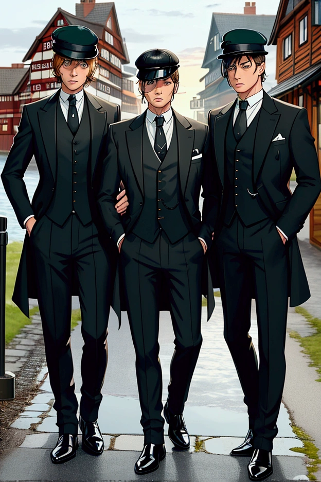 create an image which include a german shepherd dog and 3 male character 2 female character, standing near dockside pub, the scene should peaky blinders
