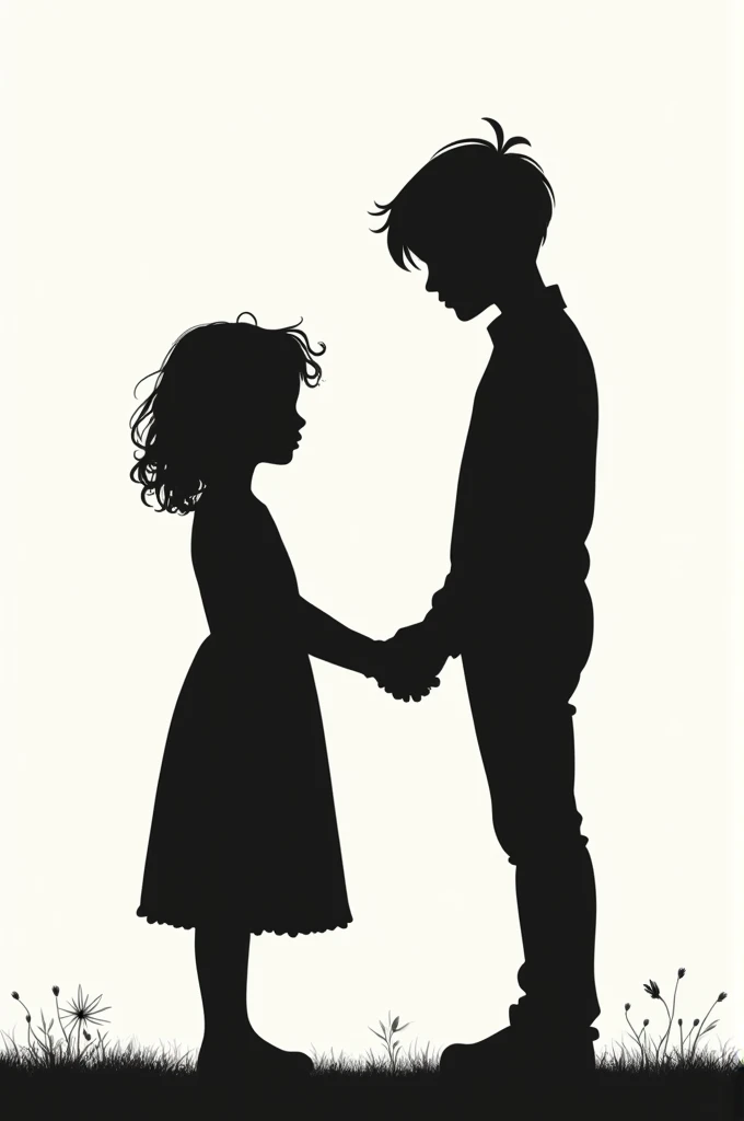 A silhouette of a girl with curls as she takes the hand of a tall black silhouette of a boy.