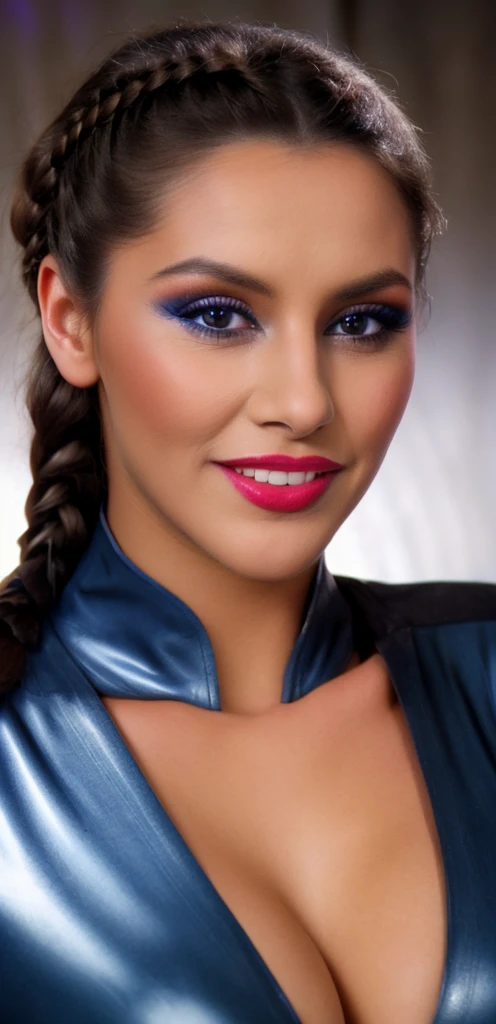 a beautiful woman with narrowed eyes, smirk, and black braided hair, wearing a tight, fitted, high cut latex skirt, with a blue s3stngunf uniform, full body shot, (best quality,4k,8k,highres,masterpiece:1.2),ultra-detailed,(realistic,photorealistic,photo-realistic:1.37),extremely detailed eyes and face,longeyelashes,beautiful detailed lips,beautiful detailed eyes,portrait,fashion,fetish,dark,dramatic lighting,vivid colors