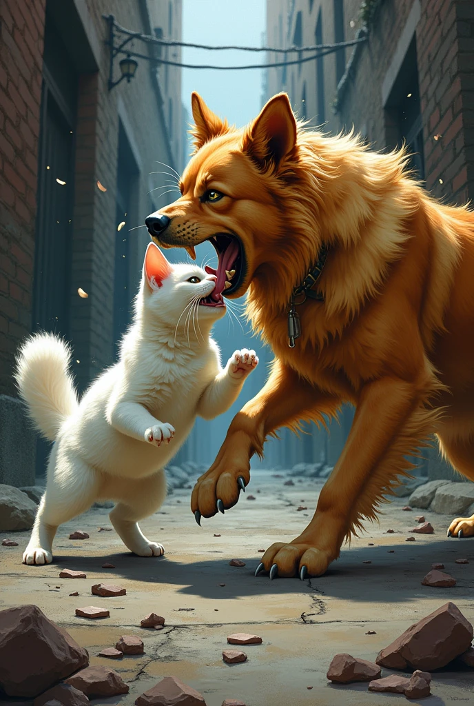 a cat and a dog, The cat is white, The dog is a golden retriever fighting, styled