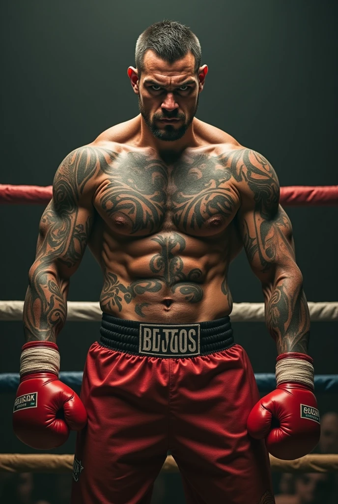 Shirtless 23 year old Angry Mexican heavily tattooed boxer with boxing gloves and boxing shorts and boots and knee high socks in ring