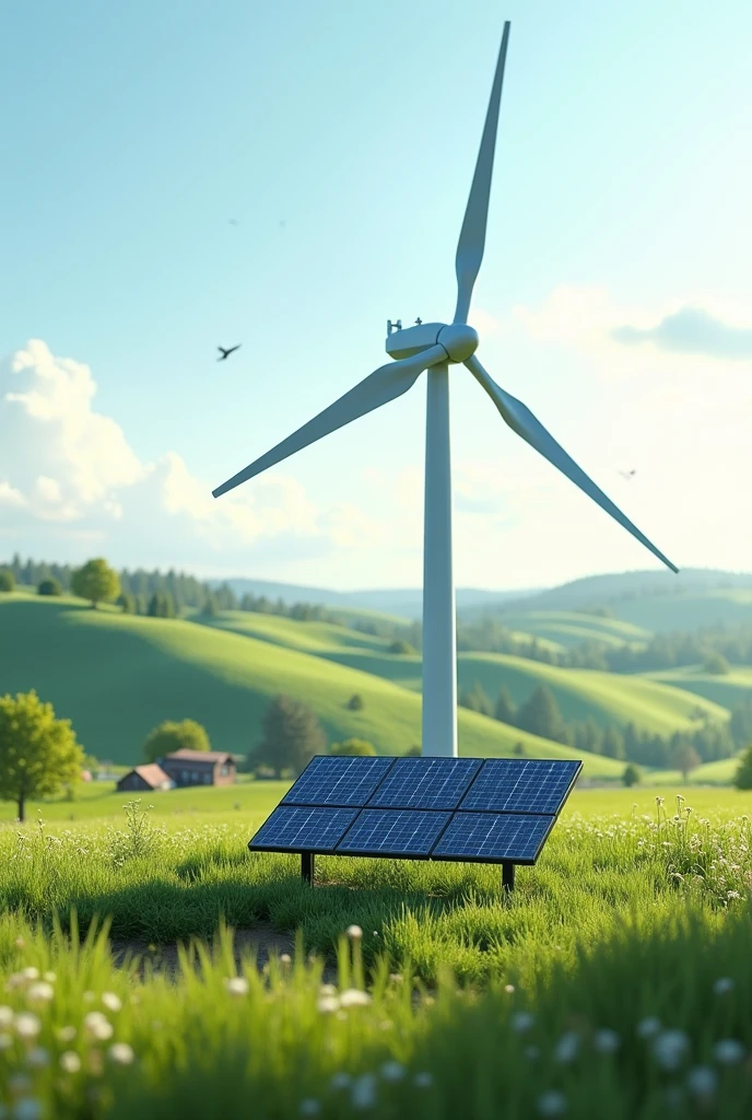 a well-designed mockup, as if it were in a field or farm, of a solar panel with a wind turbine 