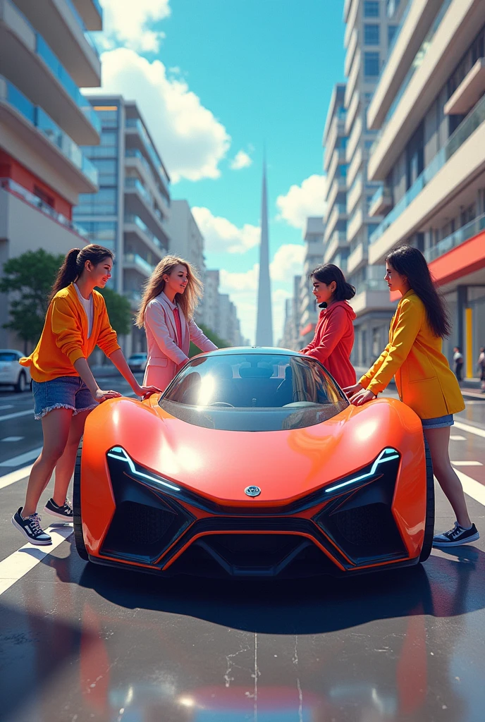5 girls with a car font