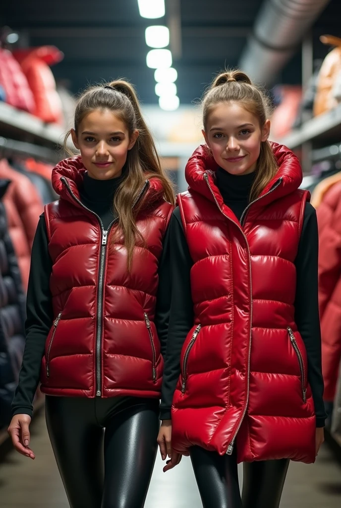 a slim ponytail girl and her bestie walking in a pufferstore,beautiful detailed eyes,beautiful freckles,beautiful detailed lips,extremely detailed eyes and face,longeyelashes, wearing beautiful detailed full length skintight airtight hood covering her head formfitting duvetica overfilled shiny super gleamy super thick glossy puffer vest covering over her super padded high-collared pufferjacket, shiny latex leggings,symmetrical,masterpiece,cinematic,lifelike,hyperrealistic,8k,photorealistic,highly detailed,intricate,exquisite,elegant,beautiful,stunning, trying puffer jackets