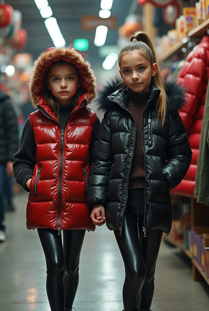 a slim ponytail girl and her bestie walking in a pufferstore,beautiful detailed eyes,beautiful freckles,beautiful detailed lips,extremely detailed eyes and face,longeyelashes, wearing beautiful detailed full length skintight airtight hood covering her head formfitting duvetica overfilled shiny super gleamy super thick glossy puffer vest covering over her super padded high-collared pufferjacket, shiny latex leggings,symmetrical,masterpiece,cinematic,lifelike,hyperrealistic,8k,photorealistic,highly detailed,intricate,exquisite,elegant,beautiful,stunning, trying puffer jackets