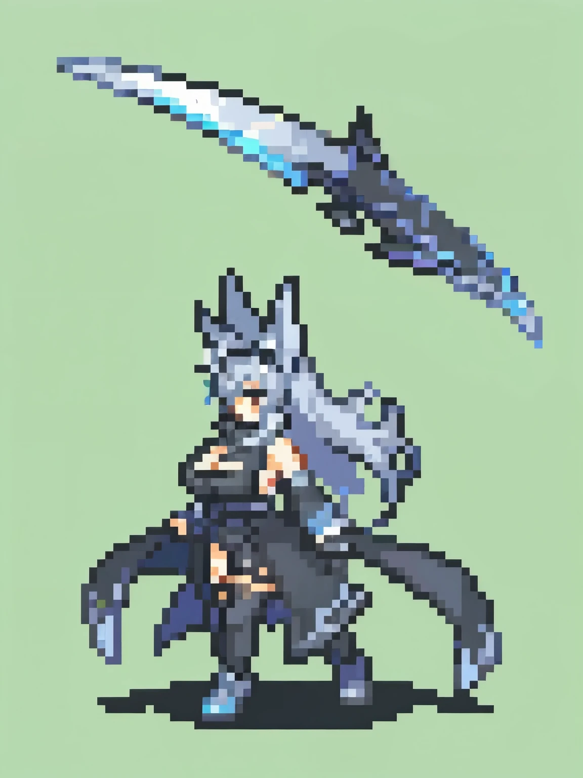 (girl), (huge tits:1.1), (solo), (fantasy), (fox ears), (silver hair silver tail silver ears), (scythe:1.1), (black adventurer clothes)