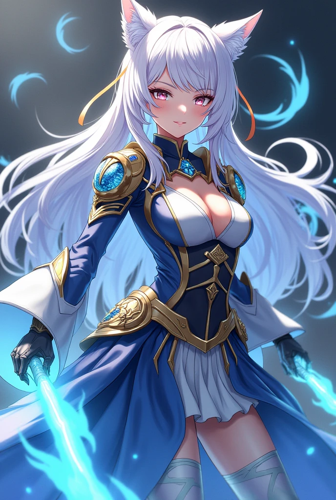 Female characters, anime appearance , white hair, Long platinum hair, trang phục hồ ly mecha , blue fire effect , cute action 