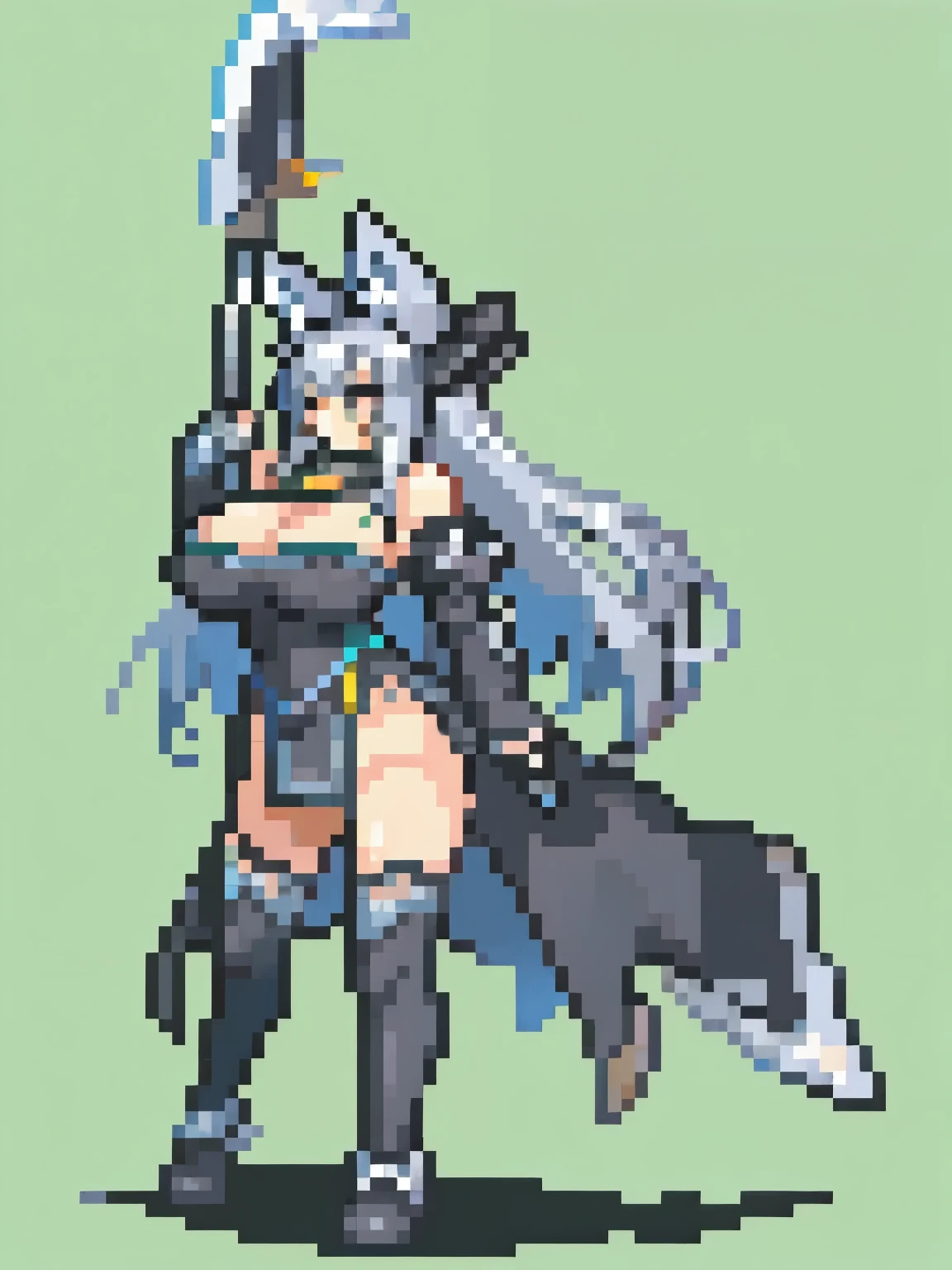 (girl), (huge tits:1.1), (solo), (fantasy), (fox ears), (silver hair silver tail silver ears), (scythe:1.1), (black adventurer clothes)