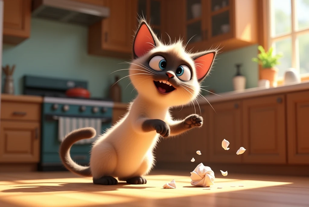 Side view of a highly detailed cartoon cat named Miúda in the Disney Pixar style. Miúda is a blue-eyed Siamese cat, depicted as cheerful and playing with a ball of paper. The scene is set in the kitchen of a cozy home, rendered in 3D with HDR and high resolution. The design features exaggerated and playful elements, capturing the essence of the style.