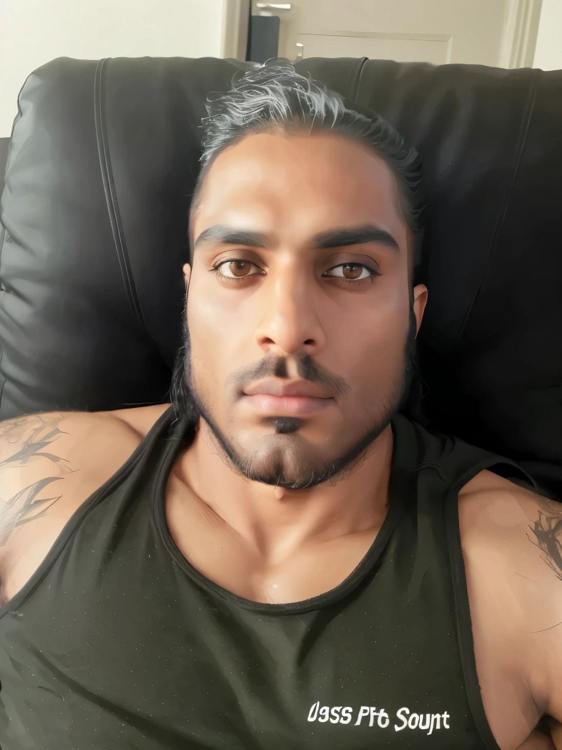 stunning dark-skinned Arab man, extremely muscular, extremely fit,extremely handsome,very long black beard,thick wavy black hair,sharp facial features,piercing eyes,strong masculine presence,dramatic lighting,cinematic composition,digital art,photorealistic,ultra-detailed,highly realistic,dramatic shadows and highlights,rich deep colors,film grain effect,4k resolution