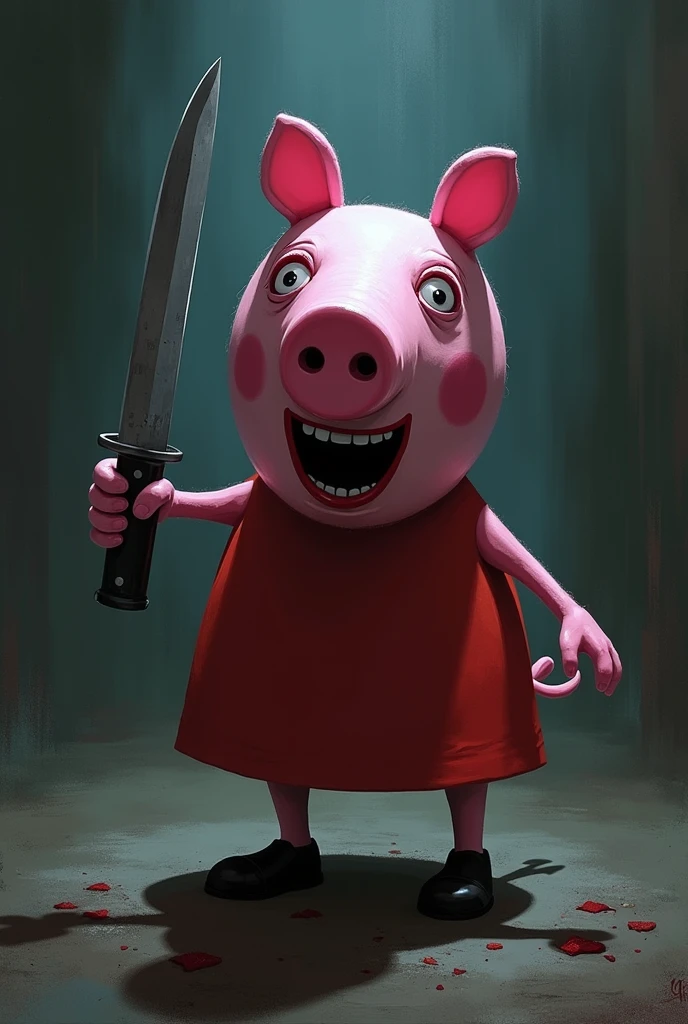 Peppa pig with a knife in her hand.