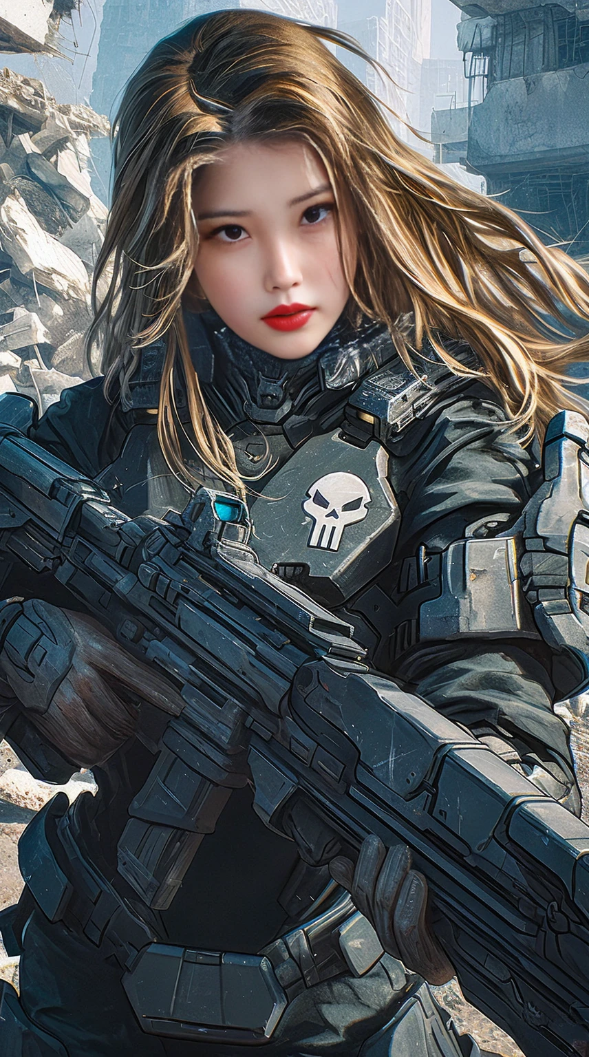 there is a girl with a gun standing in front of a building, wojtek fus, mechanized soldier girl, striking detailed artstyle, highly detailed digital artwork, rossdraws digital painting, epic digital art illustration, rossdraws 1. 0, extremely detailed artgerm, rossdraws 2. 0, by Yang J, epic portrait illustration, infantry girl
