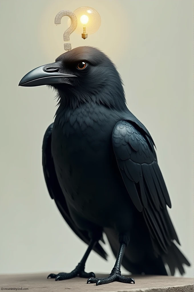 The crow with a thoughtful expression, with a light bulb or question mark above its head (to indicate thinking).