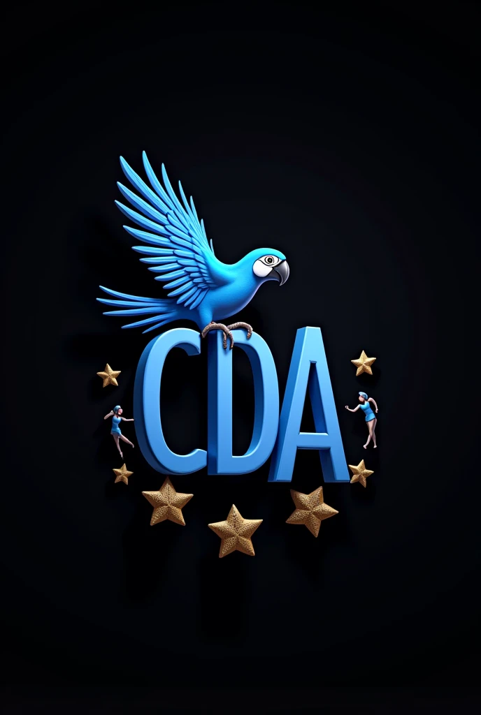 create a 3D logo with the letters CDA on a black background insert a blue macaw insert the phrase 'Corpo de Dança Azul' insert 4 gold stars around the entire image created.
insert silhouettes of dancers into the image