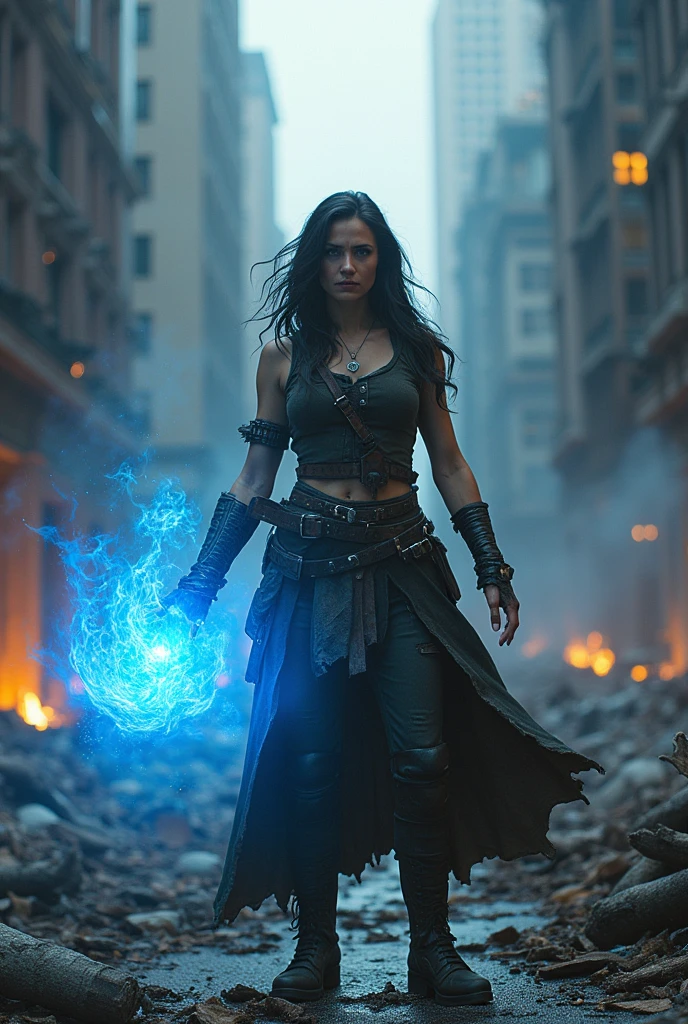 new york city destroyed and a woman with blue fire in her hand and warrior clothes