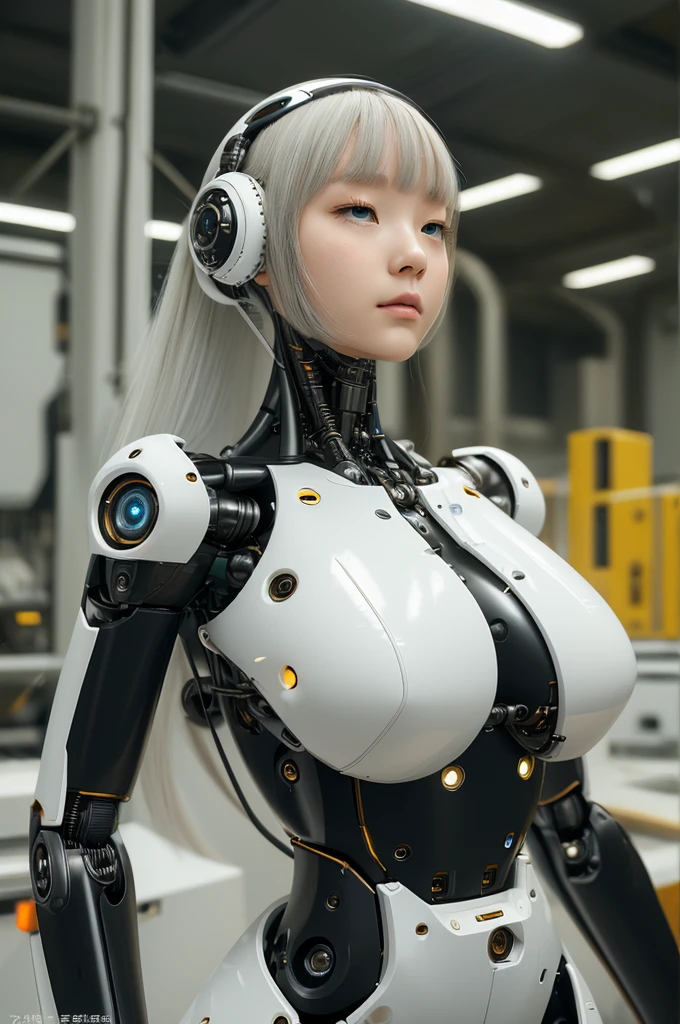 masterpiece, best quality, extremely detailed, portrait,Japaese android girl,Plump,a bit chubby,control panels,android,Droid,Mechanical Hand, ,Robot arms and legs, Black hair,Mechanical body,Blunt bangs,White Robotics Parts,perfect robot woman,Charging spot,Long Tube,A thick cable was connected to her neck,perfect mechanical body,white robotics body,future assembly plant,white body,She has repaired,black sponge joints,android assembly plant,android,laboratory,perfect machine body,white robot body,rolling eyes