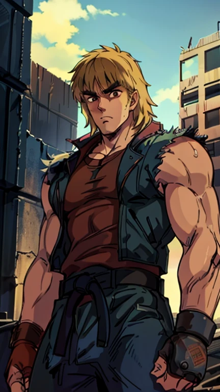 (Teens:1male: ken masters), (extremely detailed CG unit 8k wallpaper),(master part), (best quality), (ultra detail), (best illustration),(post-apocalypic_fashion), cowboy shot, (Sharp eyeliner, ombre, detailed eyes:1), post- apocalypic abandoned building background, ,break , (HNKstyle), upper body, 