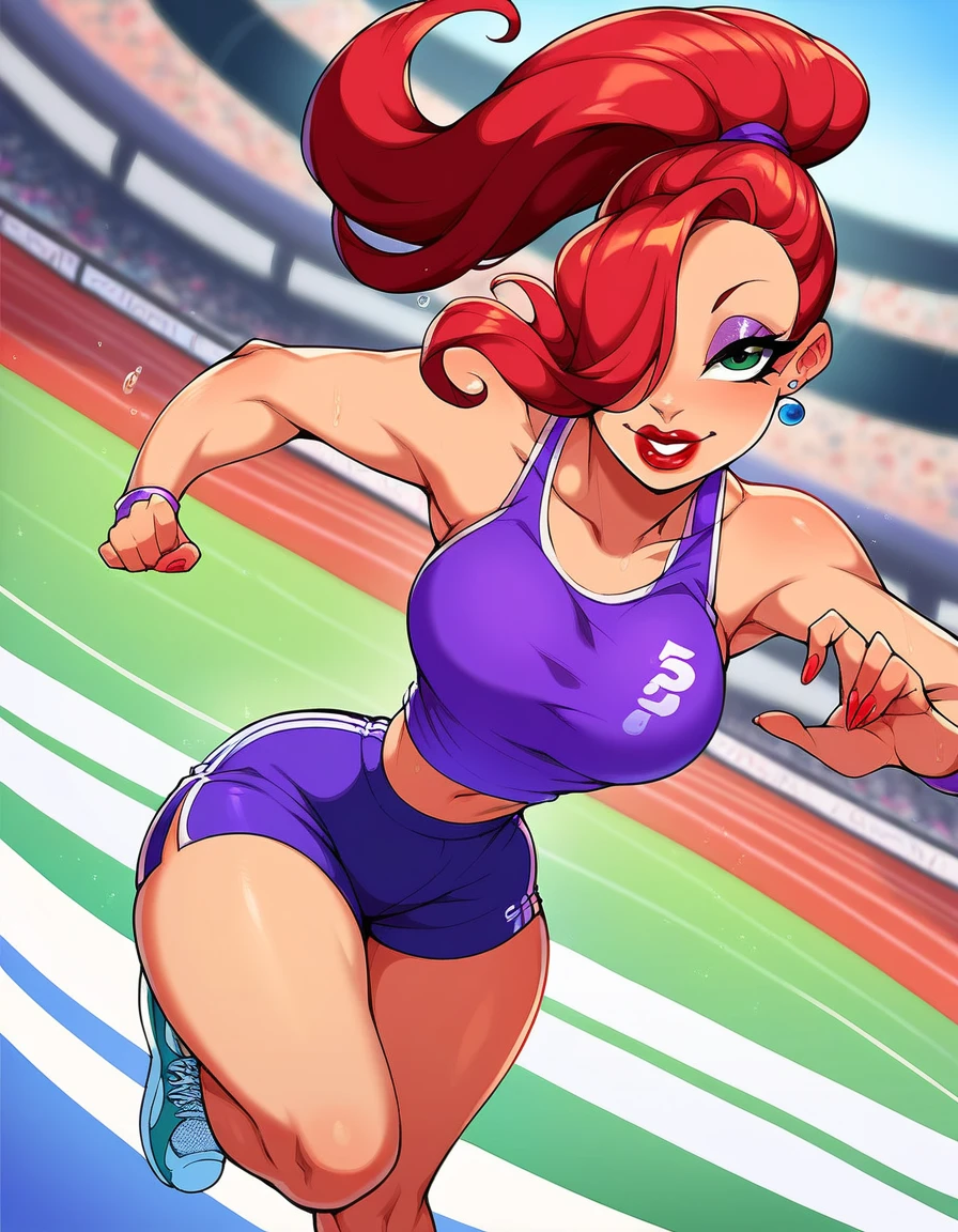 score_9, score_8_up, score_7_up, score_6_up, score_5_up, score_4_up, BREAK, source_anime, 1girl, red hair, long hair, hair over one eye, green eyes, lipstick, makeup, earrings, competition sports, (purple tank top:1.5), (large purple short:1.5), (on the track:1.5), (track and field), (running:1.5). ((action pose)), (Stadium background:1.5), Stadium full of people. Olympics. white trims, best quality, expressive eyes, short ponytail, high ponytail,, realistic BREAK 1girl, solo.  looking at viewer, dutch angle, looking up, smile, (big hips), hourglass body, happy, thigh gap, lips, red lips, lipstick,  BREAK parted lips,nail polish, ((narrow waist)), looking at viewer, thighs, indoors, 