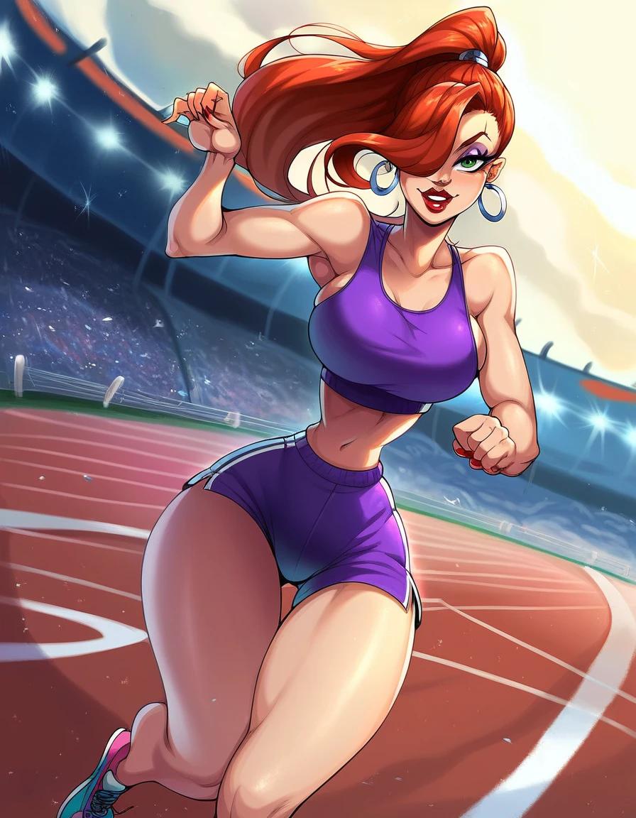score_9, score_8_up, score_7_up, score_6_up, score_5_up, score_4_up, BREAK, source_anime, 1girl, red hair, long hair, hair over one eye, green eyes, lipstick, makeup, earrings, competition sports, (purple tank top:1.5), (large purple short:1.5), (on the track:1.5), (track and field), (running:1.5). ((action pose)), (Stadium background:1.5), Stadium full of people. Olympics. white trims, best quality, expressive eyes, short ponytail, high ponytail,, realistic BREAK 1girl, solo. looking at viewer, dutch angle, looking up, smile, (big hips), hourglass body, happy, thigh gap, lips, red lips, lipstick, BREAK parted lips,nail polish, ((narrow waist)), looking at viewer, thighs, indoors,