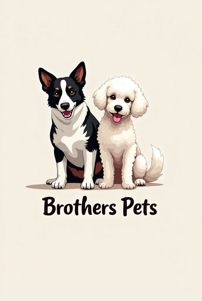 Create a logo for me where there is a black and white border collie and a white poodle, side by side, and the name 'brotherspets' appears.