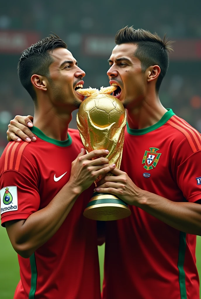 Cristiano Ronaldo eats the world cup trophy with the Portugal shirt along with Pepe screaming 