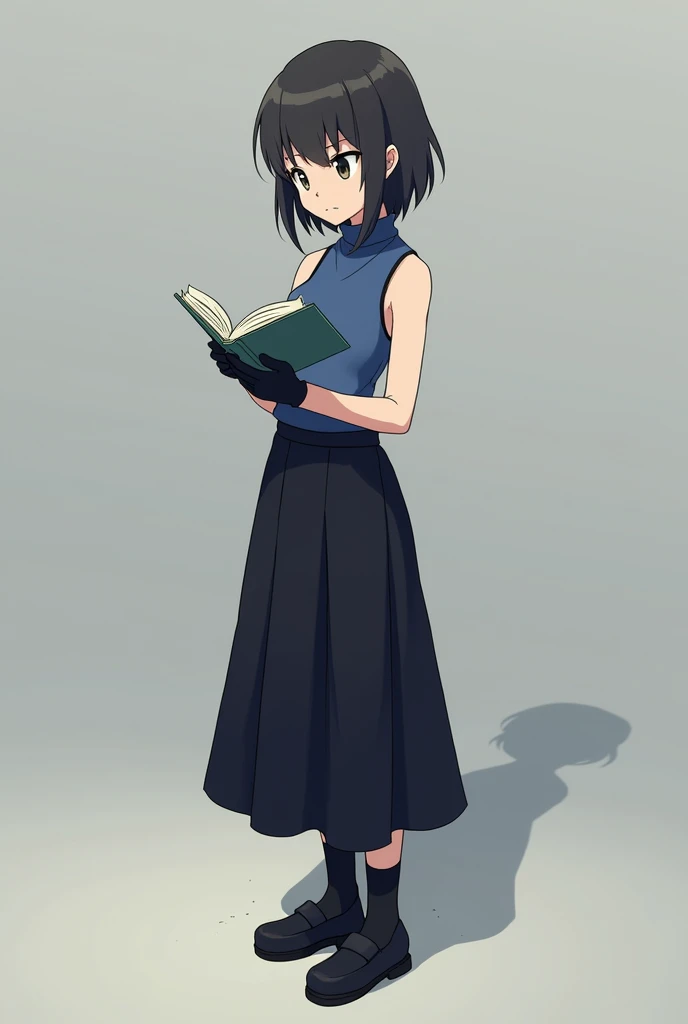 Anime girl with armpit stains wearing blue sleeveless turtleneck tucked in long black skirt with black socks and black shoes and also black gloves reading a book