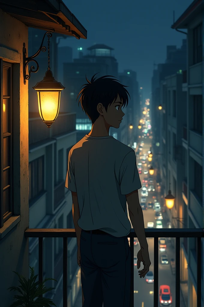 An anime-style of an Asian man standing on a balcony of a cheap apartment, watching the movement on the night street. The face is symmetrical with well-defined features. Expressive and mesmerizing eyes, with a slightly almond shape. A well-proportioned and straight nose complements the symmetry of the face. Full and well-defined lips. A slightly rounded chin that gives a soft touch to the face. Caramel-colored skin and black hair.